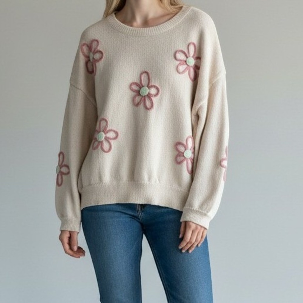 SHEIN Curve Floral Embroidered Knit Sweater Boho Cottagecore Cream 3XL